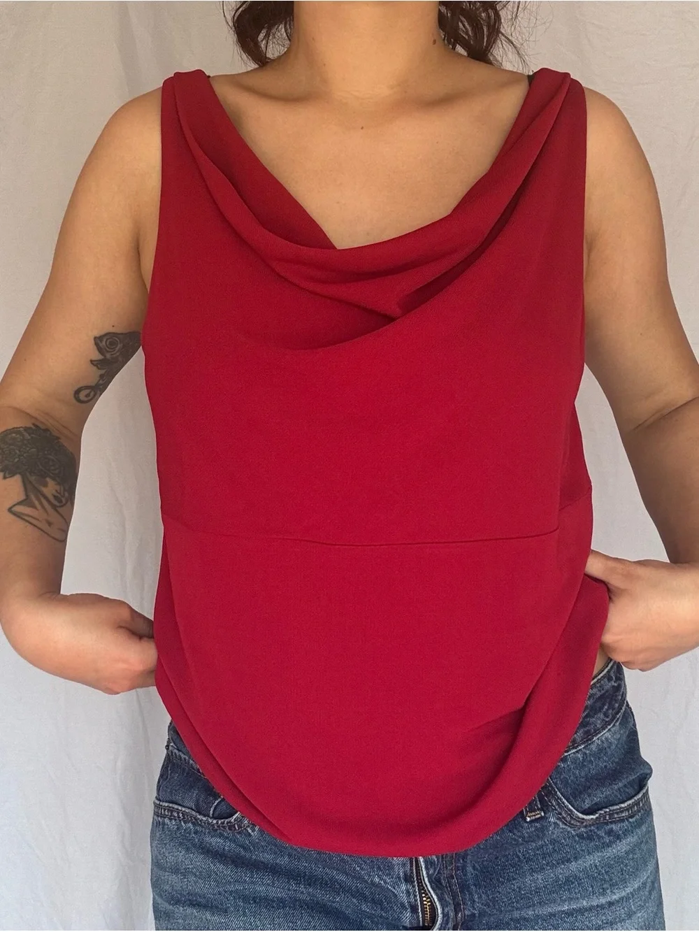 Women's Red Cowl Neck Sleeveless Camisole - Picture 2 of 7